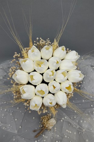 Beyaz Laleli Gelin Buketi Ve Damat Yaka Çiçeği 20 Adet Lale