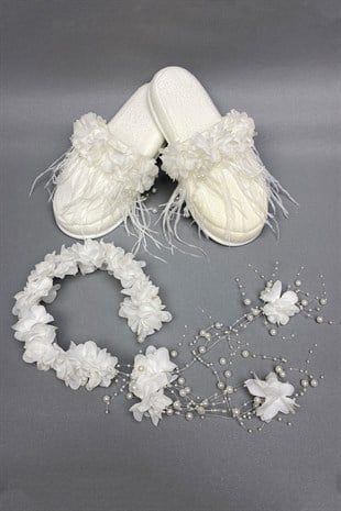 White Laser Flowered Crown and Feathered Postpartum Slippers Set