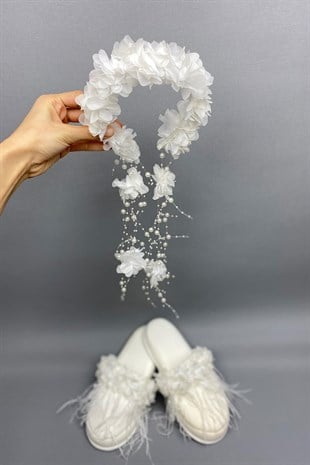 White Laser Flowered Crown and Feathered Postpartum Slippers Set