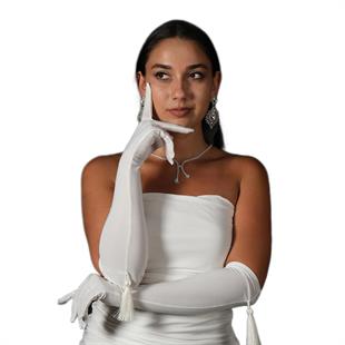 الجملة الأبيض ليكرا سيندي النسيج Tasseled قفازات الزفاف الطويلة