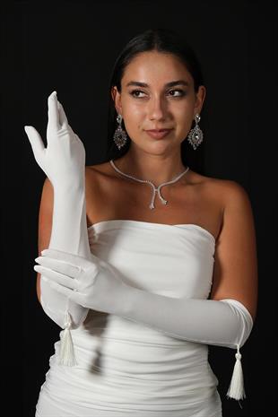 الجملة الأبيض ليكرا سيندي النسيج Tasseled قفازات الزفاف الطويلة