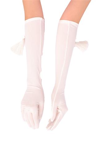 White Lycra Sendi Fabric Tasseled Long Bridal Gloves