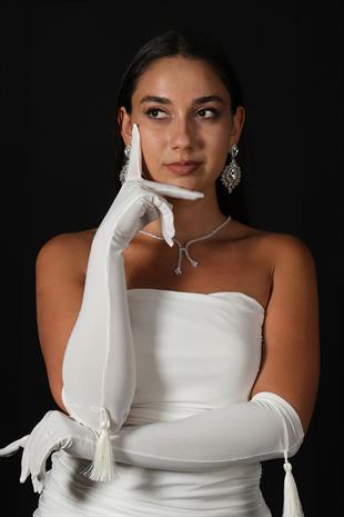 White Lycra Sendi Fabric Tasseled Long Bridal Gloves