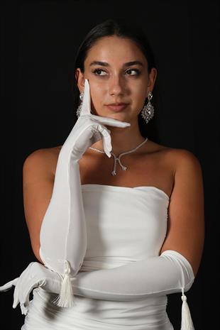 الجملة الأبيض ليكرا سيندي النسيج Tasseled قفازات الزفاف الطويلة