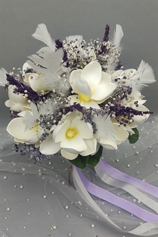 Bridal Hand Flower with White Magnolia And Purple Gypsum