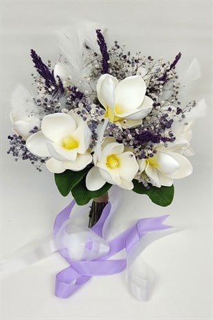 Bridal Hand Flower with White Magnolia And Purple Gypsum