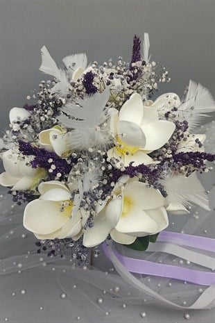 Bridal Hand Flower with White Magnolia And Purple Gypsum