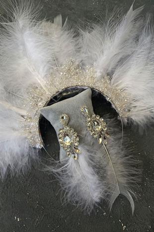 White Maya Hairy Crystal Beaded Bridal Henna Tiara and Earring