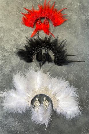 White Maya Hairy Crystal Beaded Bridal Henna Tiara and Earring