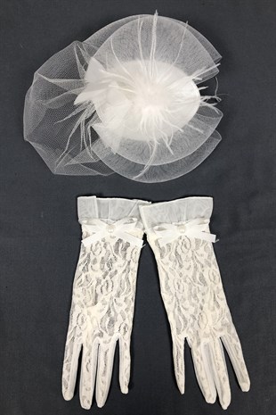 White Wedding Hat and Lacy Gloves Face Veils