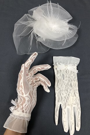 White Wedding Hat and Lacy Gloves Face Veils