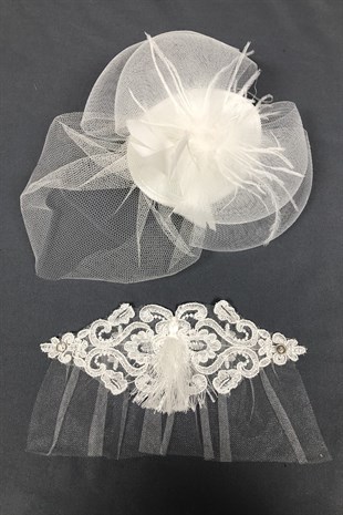White Wedding Hat and Feathered Bracelet Accessory Face Veils