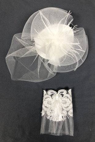 White Wedding Hat and Feathered Bracelet Accessory Face Veils