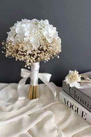 White Hydrangea Cipso Bride Flower Boutonniere Set of 2