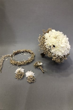 Beyaz Ortancalı Cipsolu Gelin Buketi Seti