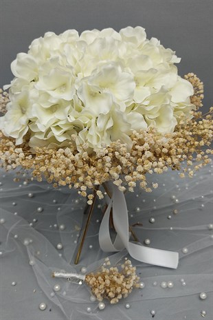 Beyaz Ortancalı Cipsolu Gelin Buketi Ve Damat Yaka Çiçeği