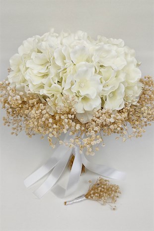 Beyaz Ortancalı Cipsolu Gelin Buketi Ve Damat Yaka Çiçeği