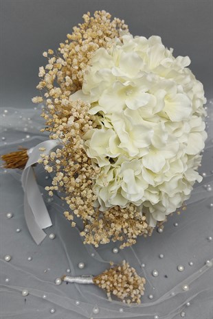 Beyaz Ortancalı Cipsolu Gelin Buketi Ve Damat Yaka Çiçeği