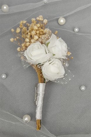 Beyaz Ortancalı Cipsolu Gelin Buketi Ve Damat Yaka Çiçeği