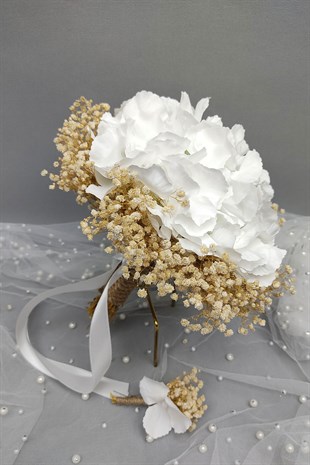 Beyaz Ortancalı Cipsolu Gelin El Çiçeği Ve Yaka Çiçeği