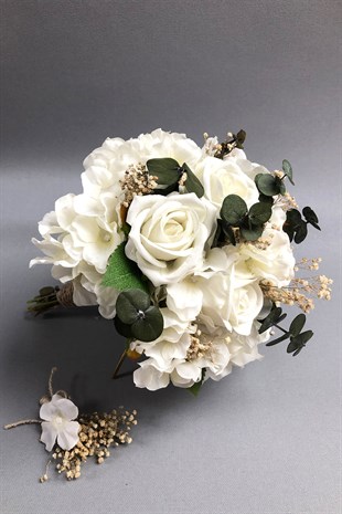 Beyaz Ortancalı Kadife Güllü  Gelin Buketi Ve Yaka Çiçeği