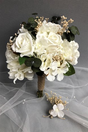 Beyaz Ortancalı Kadife Güllü  Gelin Buketi Ve Yaka Çiçeği