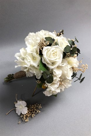 Beyaz Ortancalı Kadife Güllü  Gelin Buketi Ve Yaka Çiçeği