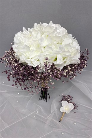 Beyaz Ortancalı Mor Cipsolu Gelin Buketi ve Damat Çiçeği