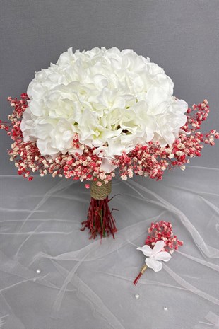 Beyaz Ortancalı Pudra Cipsolu Gelin Buketi ve Damat Çiçeği