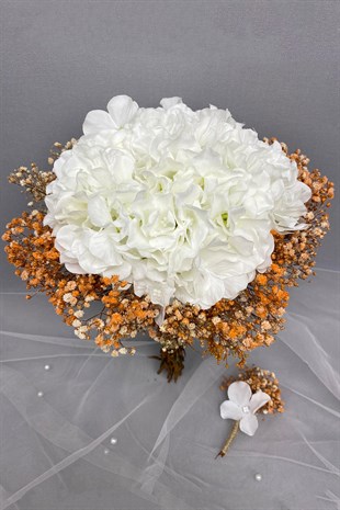 Beyaz Ortancalı Turuncu Cipsolu Gelin Buketi ve Damat Çiçeği