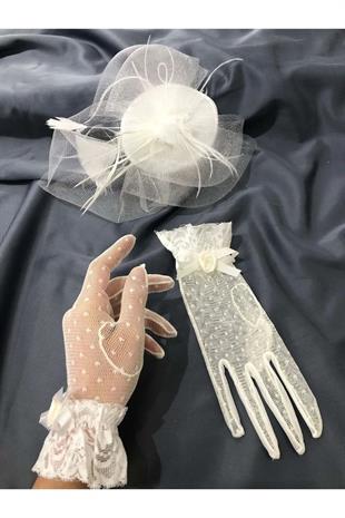 Beyaz Puantiyeli Eldiven- Sade Vualet Nikah Şapkası