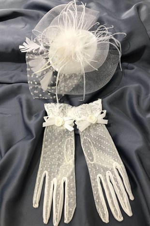 White Polka Dot Gloves Vualet Wedding Cap Face Veils