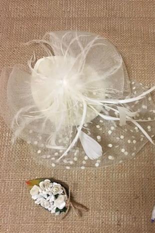 White Polka Dot Pearl Bridal Cap Wedding Hat Voile Groom Boutonniere And Hairy Pen Set of 3