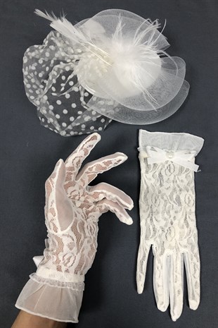Beyaz Puantiyeli Vualet ve Dantelli Eldiven