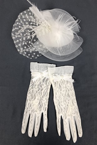Beyaz Puantiyeli Vualet ve Dantelli Eldiven