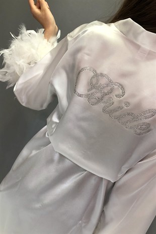 White Satin Feathered Bride Dressing Gown and Feathered Crown Earrings