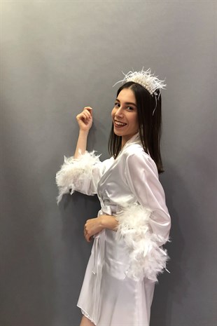 White Satin Feathered Bride Dressing Gown and Feathered Crown Earrings
