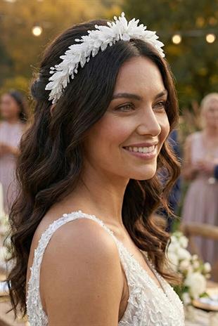 White Pearlescent Floral Bridal Tiara with Crystal Embellishments, Henna and Engagement Hair Accessory