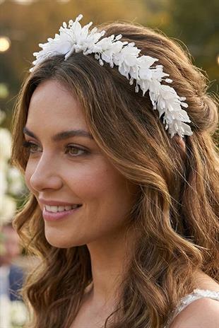 White Pearlescent Floral Bridal Tiara with Crystal Embellishments, Henna and Engagement Hair Accessory