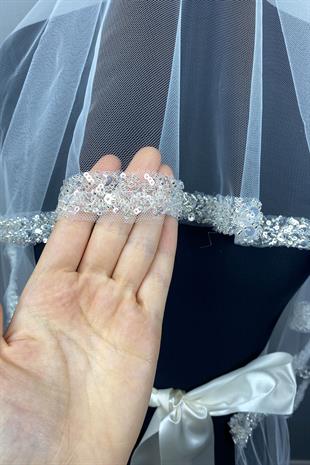 Beyaz Su Model İşlemeli Gelin Kına Duvağı Yüz Örtüsü