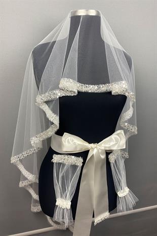 Beyaz Su Model İşlemeli Gelin Kına Duvağı Yüz Örtüsü