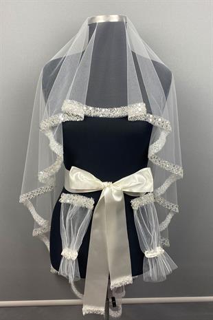 Beyaz Su Model İşlemeli Gelin Kına Duvağı Yüz Örtüsü