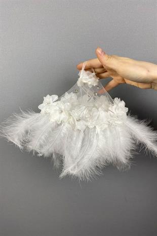 Beyaz Tüylü Ve Taşlı Gelin Halay Mendili 1 Adet