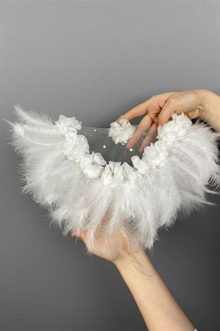 Beyaz Tüylü Ve Taşlı Gelin Halay Mendili 1 Adet