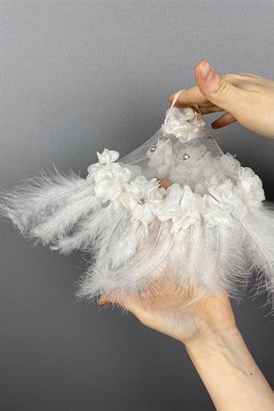 Beyaz Tüylü Ve Taşlı Gelin Halay Mendili 1 Adet