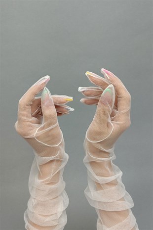 White Long Tulle Bridal Gloves