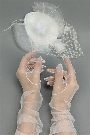 White Long Tulle Bridal Gloves And Polka Dot Hat Face Veils