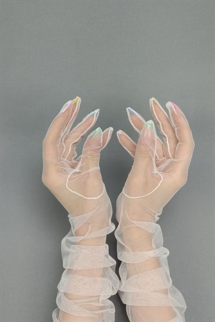 White Long Tulle Bridal Gloves And Polka Dot Hat Face Veils