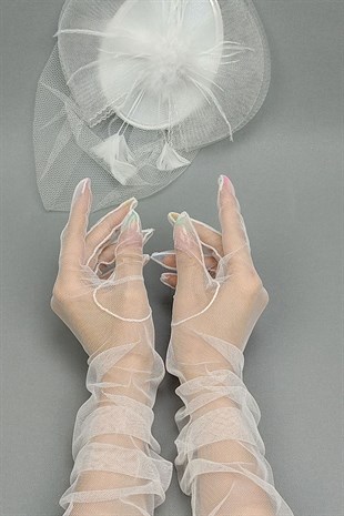 White Long Tulle Bridal Gloves And Hat