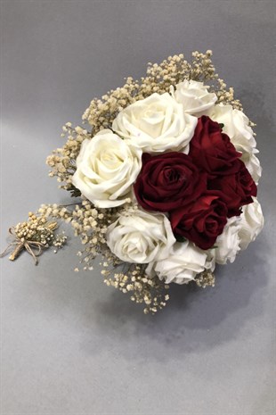 Beyaz ve Kırmızı Kadife Güllü Krem Cipsolu Gelin Buketi